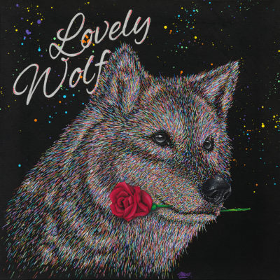 Tableau Lovely Wolf, impression sur aluminium, tableau loup coloré contemporain